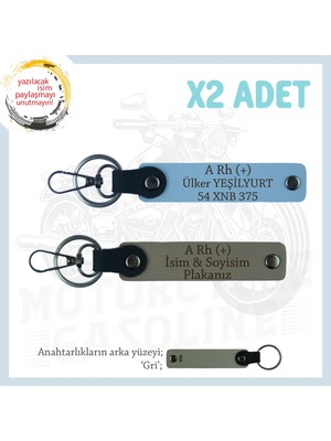 Motosiklet Aşıkları Için, Isim Plaka ve A Rh (+) Kan Grubu Yazılı X2 Anahtarlık Set, Kül Gri-Mavi-Gr