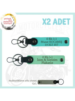 Motor Severlere Özel, Isim Plaka ve 0 Rh (+) Kan Grubu Yazılı X2 Anahtarlık Takım, Yeşil-Turkuaz-Gr