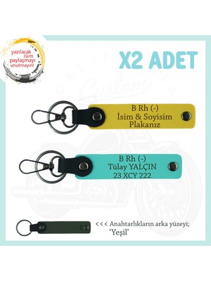 Miaju Motor Severlere Isim Plaka ve B Rh (-) Kan Grubu Yazılı Özel Tasarım X2 Anahtarlık, Sarı-Turkuaz-Ysl