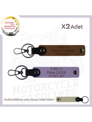 Motorcu Dostlara Özel Hediye, Isim Plaka ve 0 Rh (-) Kan Grubu Yazılı 2'li Anahtarlık, Kahve-Mor-Sk