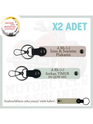 Motor Tutkunlarına Özel, Isim Plaka ve A Rh (+) Kan Grubu Yazılı Deri X2 Anahtarlık, Pudra-Beyaz-Sk