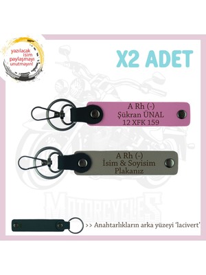 Miaju Motorcu Yolculara Özel, Isim Plaka ve A Rh (-) Kan Grubu Yazılı X2 Anahtarlık, Kül Gri-Pembe-Laci
