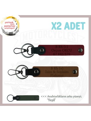 Motosiklet Tutkunlarına, Isim Plaka ve B Rh (+) Kan Grubu Yazılı Deri X2 Anahtarlık, Kahve-Bordo-Ysl