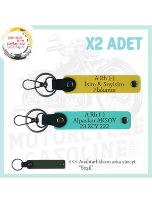 Miaju Motor Severlere Isim Plaka ve A Rh (-) Kan Grubu Yazılı Özel Tasarım X2 Anahtarlık, Sarı-Turkuaz-Ysl