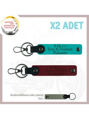 Motorcu Yolculara Isim Plaka ve B Rh (+) Kan Grubu Güvenli Sürüş Anahtarlığı X2, K Turkuaz-Bordo-Gr