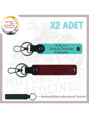 Motor Tutkunlarına Özel, Isim Plaka ve B Rh (+) Kan Grubu Yazılı 2'li Anahtarlık, Turkuaz-Bordo-Laci