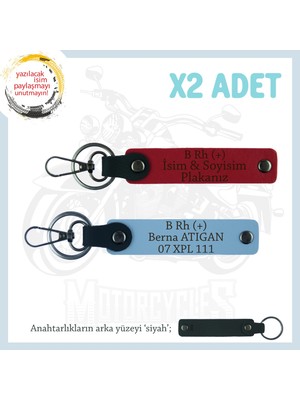 Miaju Biker Stiline Özel, Isim Plaka ve B+ Kan Grubu Yazılı Anlamlı Motor X2 Anahtarlık, Kırmızı-Mavi-Syh