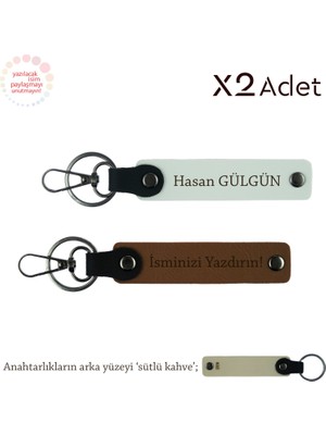 Miaju Arkadaşa Yılbaşı Hediyesi, Isim Yazılı 2’li Anahtarlık Seti, Açık Kahve-Beyaz-Sütlü Kahve