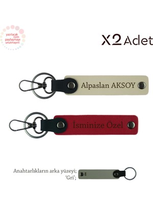 Miaju Arkadaşa Anlamlı Jest, Isim Yazılı 2’li Anahtarlık Hediye Takımı, Kırmızı-Sütlü Kahve-Gri