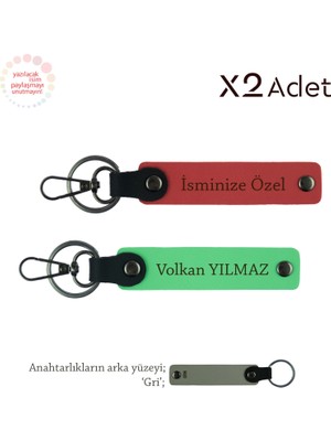 Miaju Hemşireye Yılbaşı Sürprizi, Isim & Soyisim Yazılı 2’li Anahtarlık Seti, Nar Çiçeği-Fıstık Yeşil-Gri