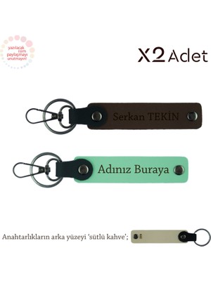 Miaju Ona 14 Şubat Hediyesi, Isimli & Soyisimli 2’li Anahtarlık Hediye Takım, Yeşil-Koyu Kahve-Sütlü Kahve