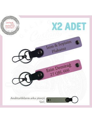 Miaju Stil Sahibi Tüm Sürücülere Özel Isimli ve Plakalı Ikili Deri Anahtarlık Takımı, Mor Menekşe-Pembe-Gr