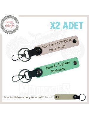 Miaju Yüksek Kalite Deri Anahtarlıklar, Kişiye Özel Plaka & Isim Yazılı X2'li Set, Yeşil-Pudra-Sk