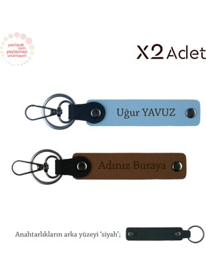 Miaju Patrona Şık Hediye, Isimli 2’li Anahtarlık Seti, Açık Kahve-Gök Mavi-Siyah