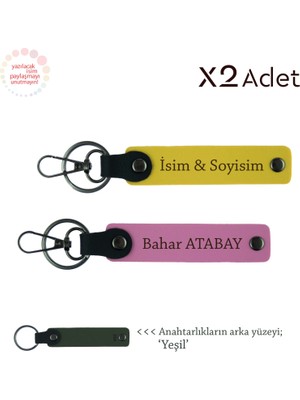 Miaju Akrabaya Şık Hediye, Isim ve Soyadı Yazılabilen 2’li Deri Anahtarlık Seti, Sarı-Pembe-Yeşil
