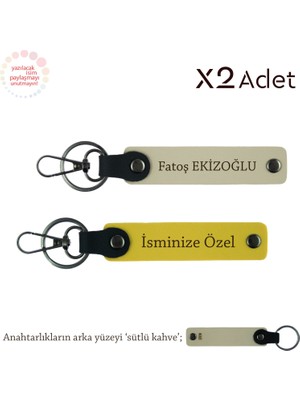 Miaju Anneye 14 Şubat Armağanı Isim & Soyisim Kişiselleştirilmiş 2’li Anahtarlık, Sarı-Sütlü Kahve-S Kahve