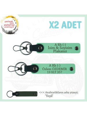 Miaju Efsane Motorculara Özel, Isim Plaka ve  A Rh (-) Kan Grubu Anlamlı Hediye X2 Anahtarlık, Yeşil-Ysl
