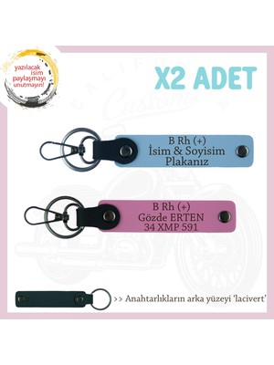 Hız Tutkunlarına, Isim Plaka ve B Rh (+) Kan Grubu Yazılı X2 Anahtarlık, Hediyelik, Mavi-Pembe-Laci