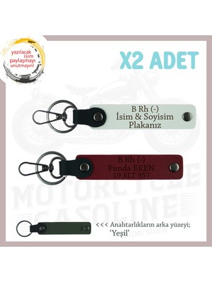 Miaju Bikerlar Isim Plaka ve B Rh (-) Kan Grubu Yazılı Deri X2 Anahtarlık Hediyelik Takım, Beyaz-Bordo-Ysl