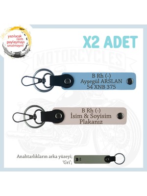 Miaju Motorcu Tarzına Özel, Isim Plaka ve B Rh (-) Kan Grubu Yazılı Hediyelik X2 Anahtarlık, Pudra-Mavi-Gr