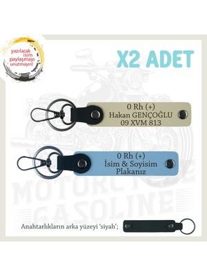 Motorcu Tarzına Uygun, Isim Plaka ve 0 Rh (+) Kan Grubu Yazılı X2 Anahtarlık Set, Mavi-S Kahve-Syh
