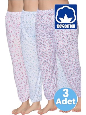 Uniquetrenders Kadın %100 Pamuklu Desenli Emprime Lastikli Uzun Pijama Lastik Paçalı Don 3'lü Set