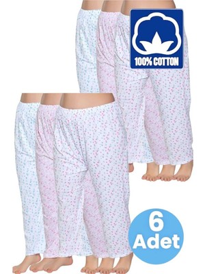 Uniquetrenders Kadın %100 Pamuklu Desenli Emprime Lastikli Uzun Pijama Düz Paçalı Don 6'lı Set