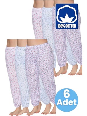 Uniquetrenders Kadın %100 Pamuklu Desenli Emprime Lastikli Uzun Pijama Lastik Paçalı Don 6'lı Set