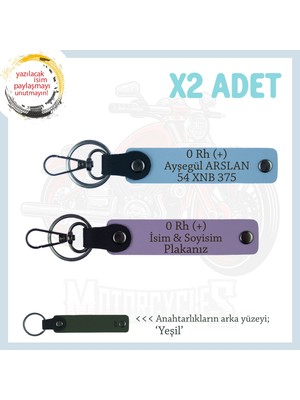 Motorcu Dostlar Için Isim Plaka ve 0 Rh (+) Kan Grubu Yazılı X2' Li Anahtarlık, Mor-K Kahve-Ysl