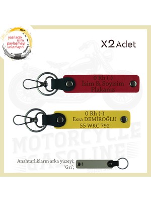 Motor Severlere Özel, Isim Plaka ve 0 Rh (-) Kan Grubu Yazılı X2 Anahtarlık Hediye, Kırmızı-Sarı-Gr