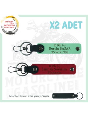Motor Sürücüsüne Isim Plaka ve B Rh (-) Kan Grubu Yazılı 2' Li Anahtarlık Hediye, Kırmızı-Yeşil-Syh
