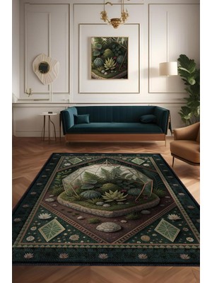 Homshtag Art Deco Teraryum Desenli Halı Bitki Temalı Yeşil Teraryum Desenli Dijital Baskı Halı