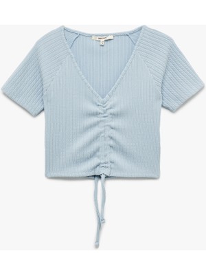 Koton Büzgülü Slim Fit V Yaka Kısa Kollu Crop Tişört