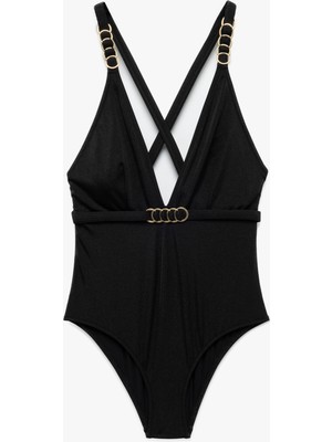 Koton Astarlı Aksesuarlı Derin V Yaka Arkası Çapraz Askılı Mayo