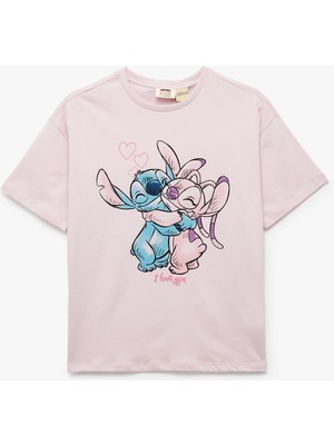 Koton Pamuklu Lisanslı Stitch Baskılı Bisiklet Yaka Kısa Kollu Tişört