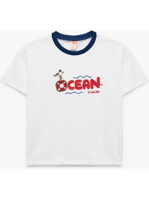 Koton Pamuklu Bisiklet Yaka Işlemeli Kısa Kollu Tişört