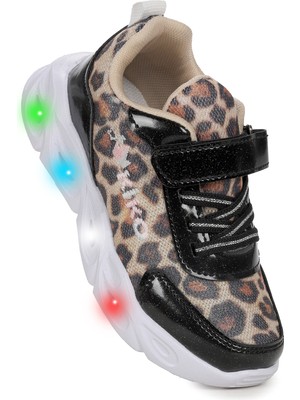 Kiko Kids  Teno Leopar Desenli Cırtlı Işıklı Kız Çocuk Spor Ayakkabı