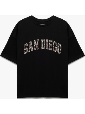 Koton Kısa Kollu Bisiklet Yaka Baskılı Oversize Spor Tişört