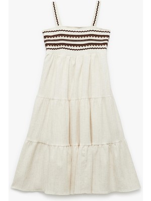 Koton Viskon Keten Karışımlı Bol Kalıp Katlı Kare Yaka Askılı Uzun Elbise