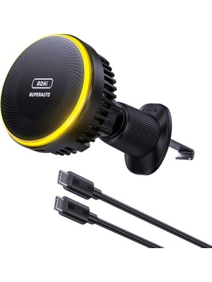 Aohi  Superauto Magsafe Araç Içi Şarjı, Kendinden Soğutmalı Mıknatıslı Telefon Tutucu, 15W Hızlı Şarj Aleti, Siyah