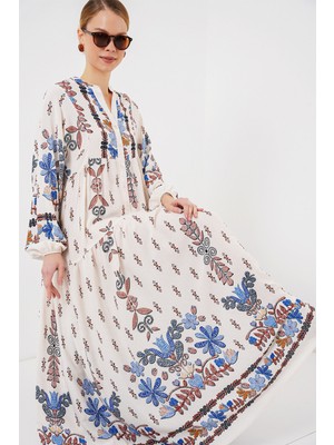 2423 Otantik Desenli Tesettür Elbise - Z. Mavi