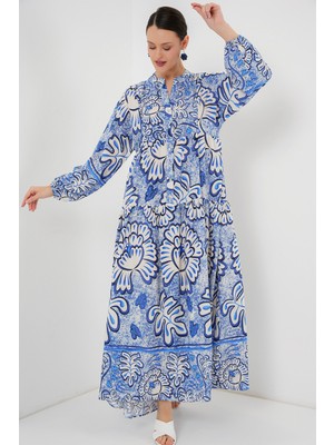 2423 Otantik Desenli Tesettür Elbise - Koyu Mavi