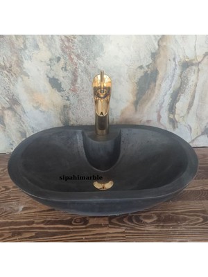 Bazalt Siyah Batarya Çıkışlı Oval Lavabo