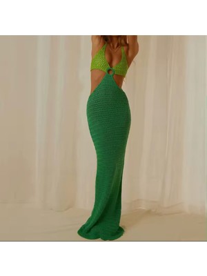 Boho Örme Hollow Out Uzun Elbise ,boyundan Bağlamalı Plaj Elbisesi, Plaj Tatil Kulübü Parti Giyim