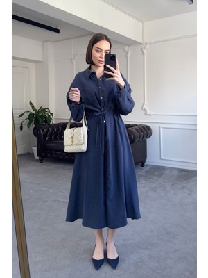 Belden Bağlamalı Gömlek Yaka Elbise- Lacivert