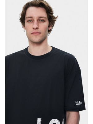Ignıso Siyah Bisiklet Yaka Baskılı Oversize  Erkek Tshirt