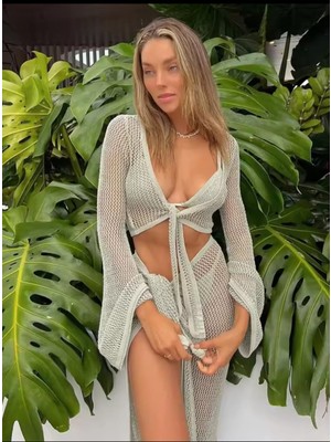 Kadın Örme Üst ve Etek Plaj Takımı, Wrap Over Split, Tatil Plaj Kıyafeti, 2li Plaj Elbisesi
