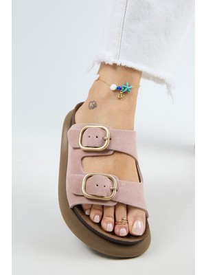 Manijero Lavanda Kadın  Deri Çift Tokalı  Taba Terlik