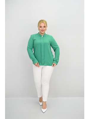 Moda Xlarge Kadın Büyük Beden Hakim Yaka Taş Broş Detaylı Bluz 0034-25