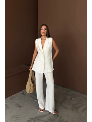 Gökyüzü Moda Yaka Midye Kabuğu Sıralı Yelek - Pantolon  Takım Keten Kumaş - Beyaz